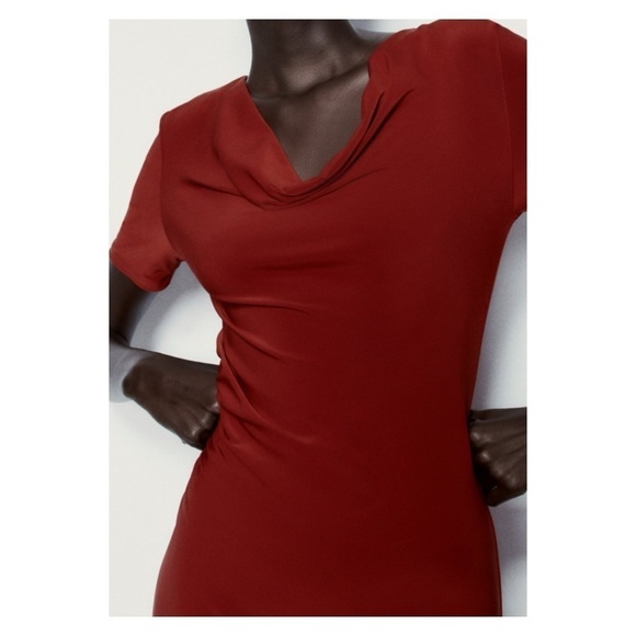 ZARA Burnt Orange Short Sleeve Ruched Bodycon Midi Cocktail Dress Small NWT - Picture 3 of 9